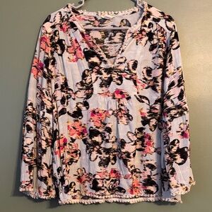 Nordstrom Caslon Large Blue Floral Peasant V-Neck Blouse with Trim Detailing
